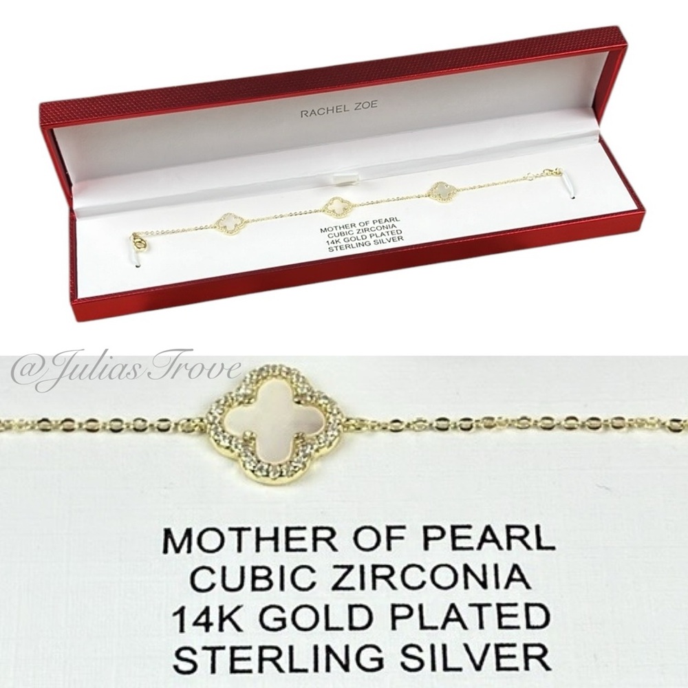 Rachel Zoe Mother of Pearl Bracelet 14K Gold Plated 925 Silver Clover NWT
